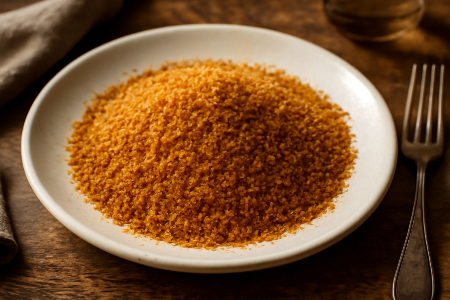 Pane grattato color oro intenso in una ciotola di vetro, con panatura croccante e granuli uniformi, accanto a una grattugia e fette di pane tostato