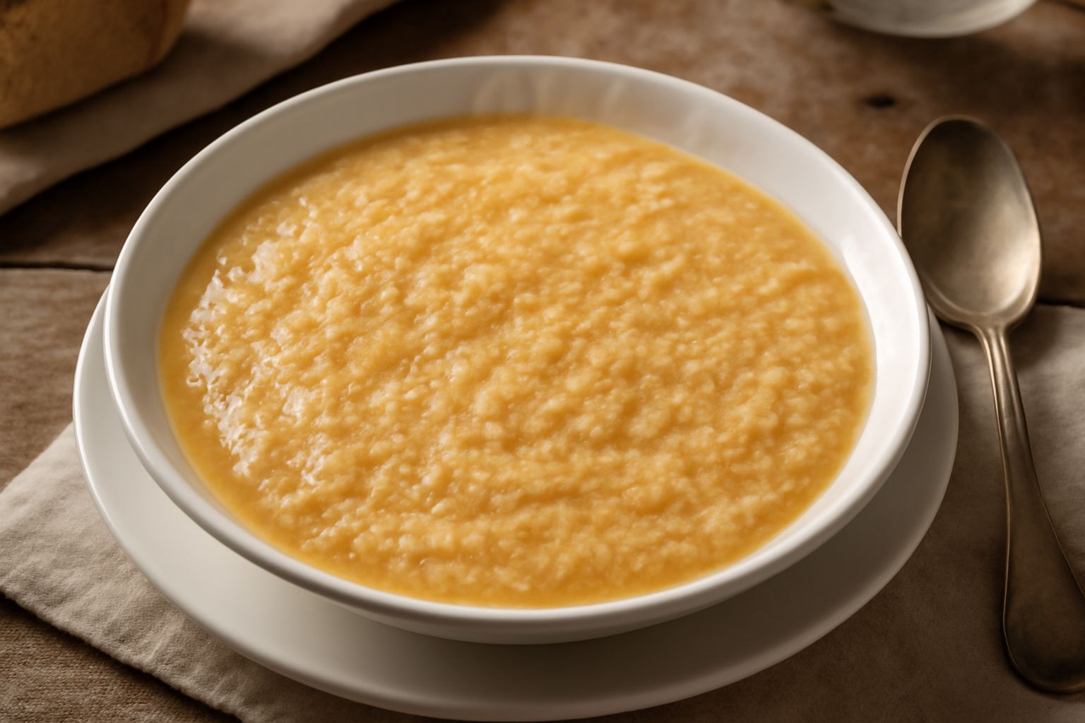 Ciotola bianca con pane grattato cremoso immerso in brodo giallo dorato, pezzetti di burro visibili in superficie, spolverata di parmigiano grattugiato, cucchiaio di legno appoggiato sul bordo