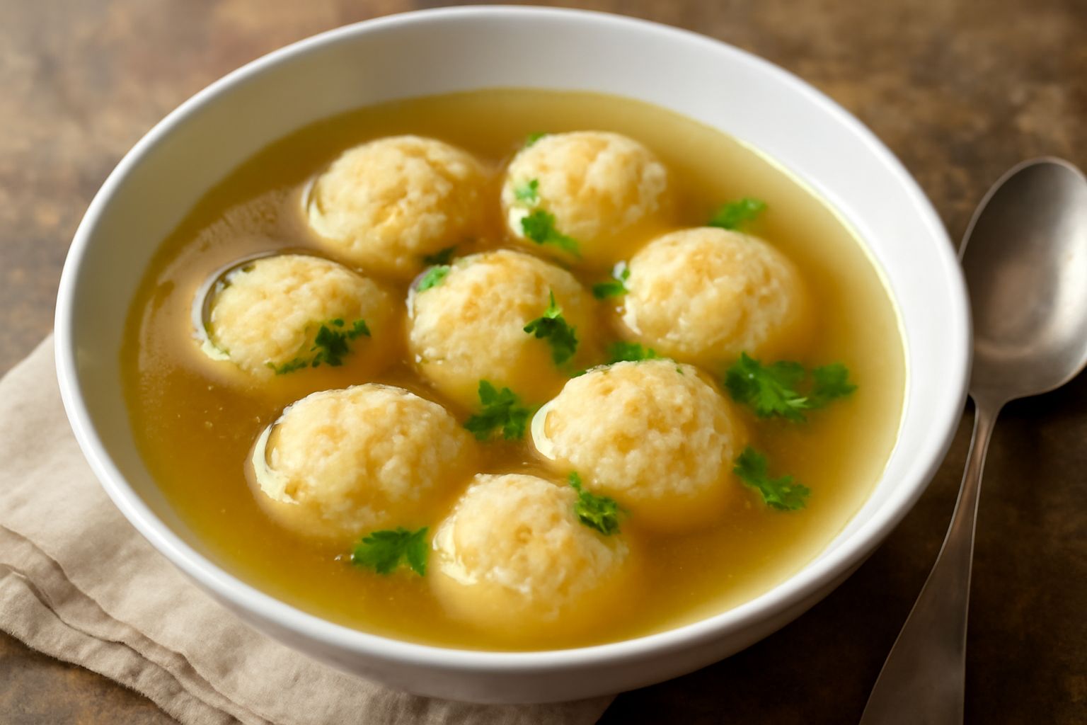 Una ciotola di ceramica bianca con brodo trasparente color oro, punteggiato di piccole palline di pane grattato gonfie e morbide, con un filo di olio d'oliva in superficie e prezzemolo fresco tritato,