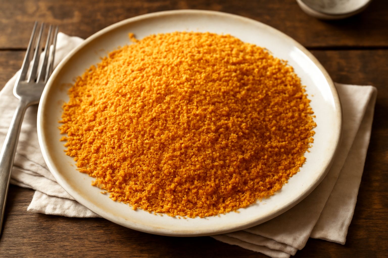Pane grattugiato dorato e croccante in una ciotola bianca, a grani uniformi, con accanto fette di pane tostato e un cucchiaio di legno su tavolo di cucina
