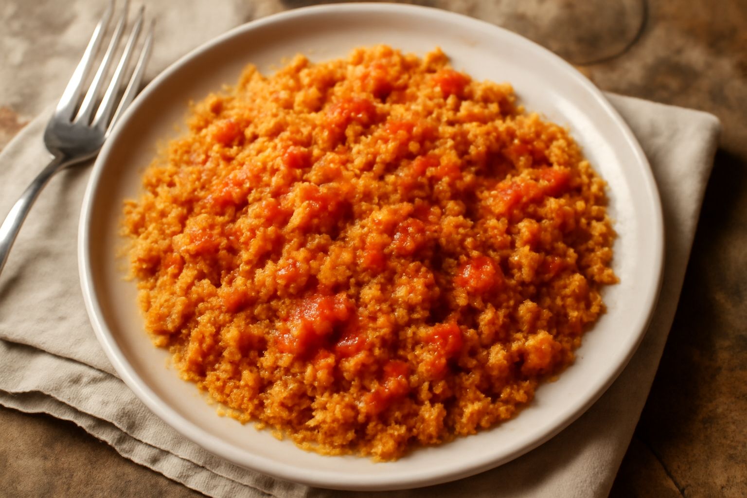 Piatto bianco con pane grattugiato tostato color oro e rosso acceso della salsa di pomodoro, cosparso di prezzemolo fresco verde, olio d'oliva lucente sulla superficie
