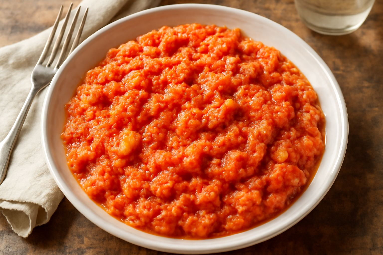Piatto bianco con pane grattugiato rosso e dorato, condito con pomodoro fresco, olio d'oliva lucido, prezzemolo verde spezzettato. Sfondo neutro. Cucchiaio di legno accanto.