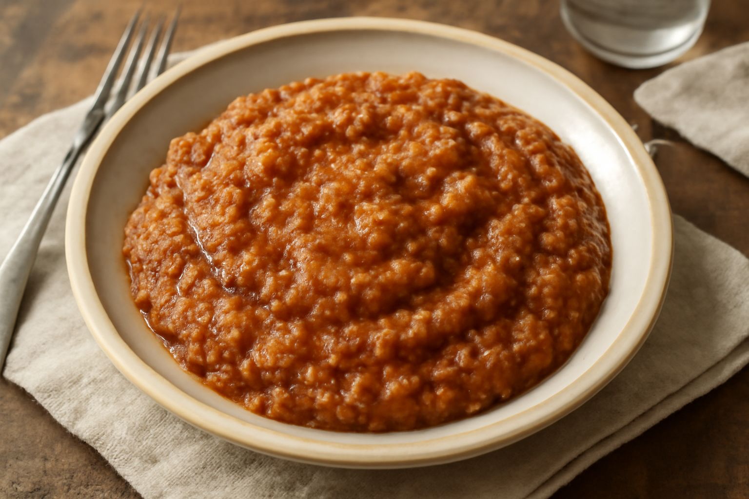 Pane grattugiato color beige e marrone mescolato con sugo di pomodoro rosso scuro, servito in un piatto bianco con filo d'olio d'oliva e prezzemolo fresco come guarnizione