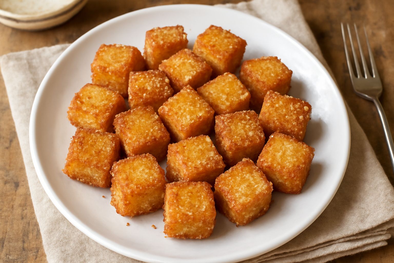 Mucchietto di cubetti dorati croccanti di pane fritto, ancora caldi dal fuoco, sparsi in un piattino bianco con due o tre gocce d'olio lucido, sfondo neutro