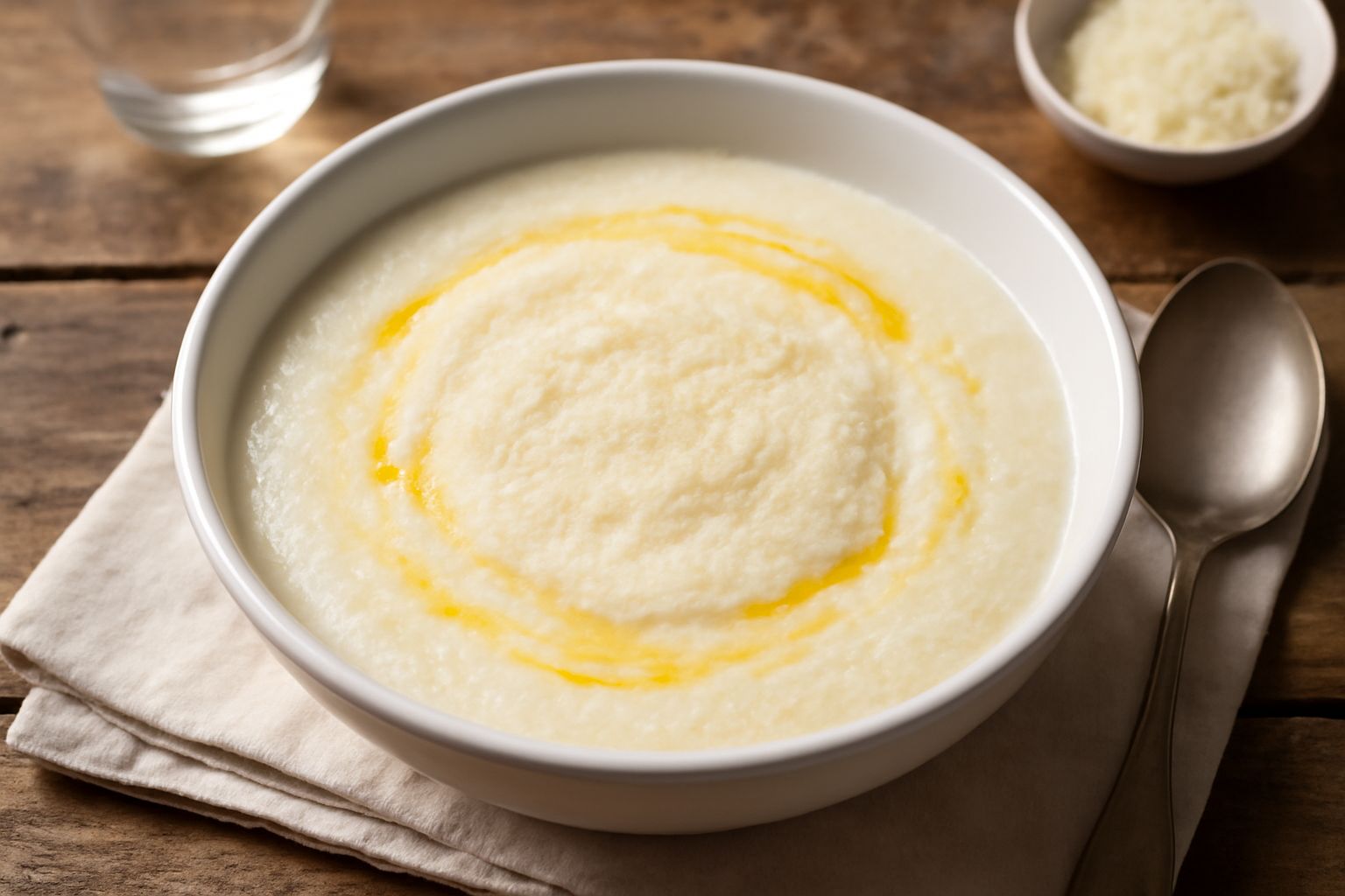 Una ciotola bianca di ceramica con pane grattugiato disciolto in brodo chiaro, una noce di burro giallo in superficie, cosparso di formaggio Parmigiano grattugiato, con un cucchiaio d'acciaio appoggia