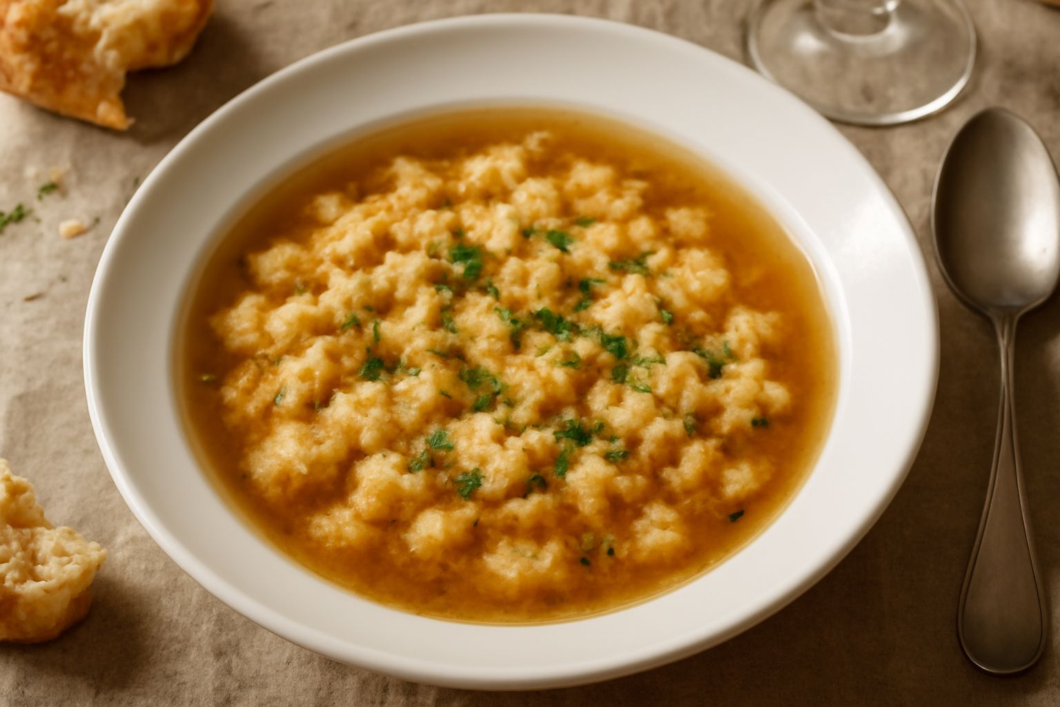 Ciotola di brodo di carne trasparente con pane grattugiato ammollato, alcune briciole visibili in superficie, guarnito con prezzemolo fresco, in una tazza bianca su tavolo di legno