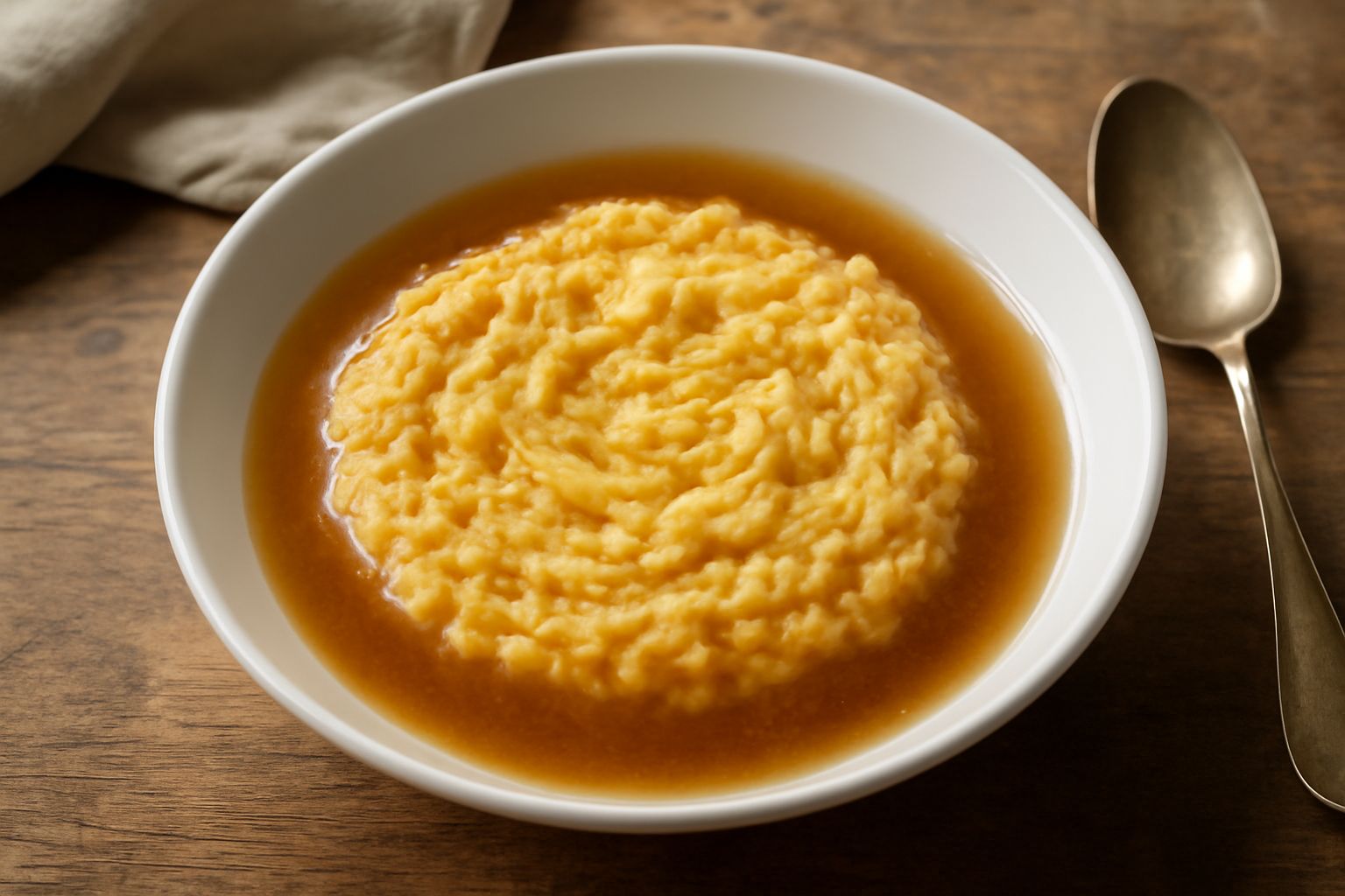 Ciotola di ceramica bianca con brodo trasparente color ambra, pane grattugiato che galleggia trasformato in pasta cremosa, accompagnato da filo di olio verde e prezzemolo fresco tritato sulla superfic