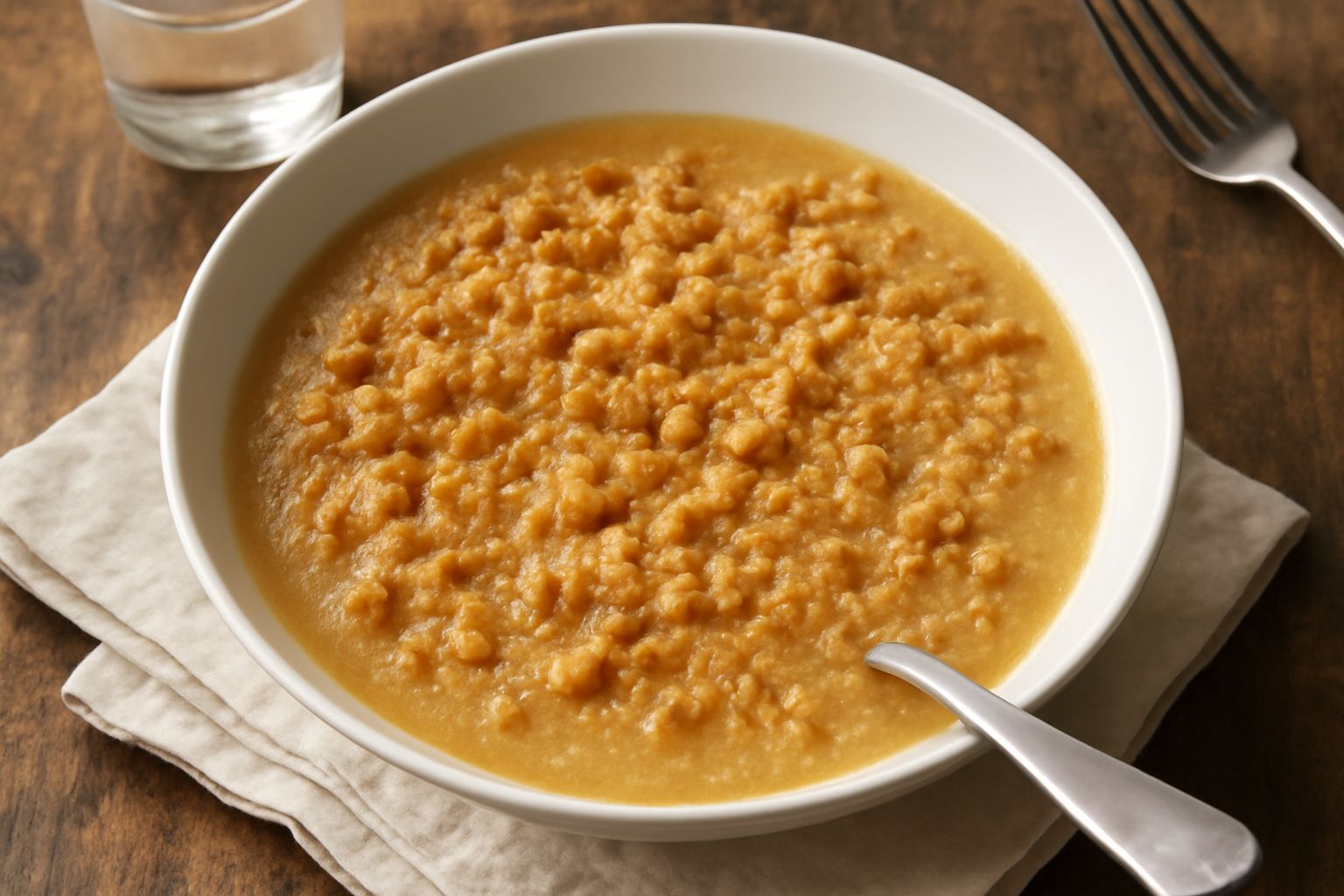 Zuppa in ciotola bianca con brodo dorato, pezzi di verdure morbide, granelli di pane grattugiato gialli sparsi in superficie, accanto fetta di pane tostato