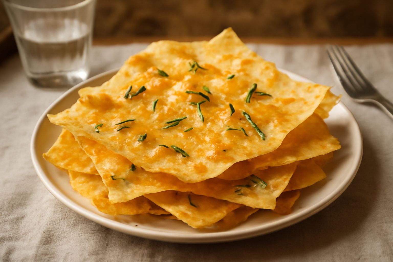 Pane guttiau disposto in un piatto bianco, sfoglie dorate e croccanti di pane carasau fritto, condite con olio brillante, cristalli di sale e aghi verdi di rosmarino fresco