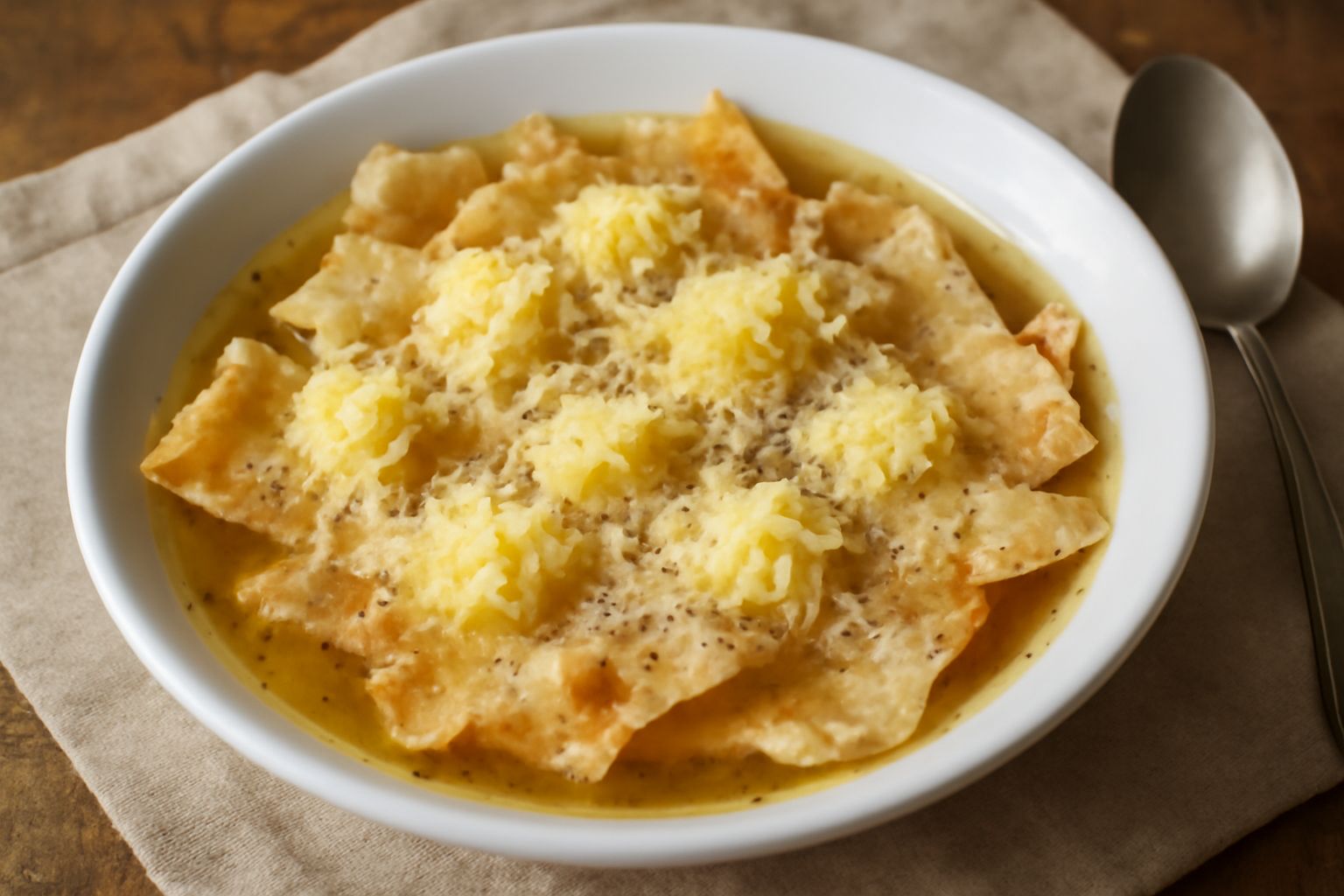 Ciotola di pane imbrettau con pane carasau ammorbidito in brodo caldo, formaggio grattugiato in superficie, pepe nero visibile, vapore che sale, cucchiaio di legno sul bordo