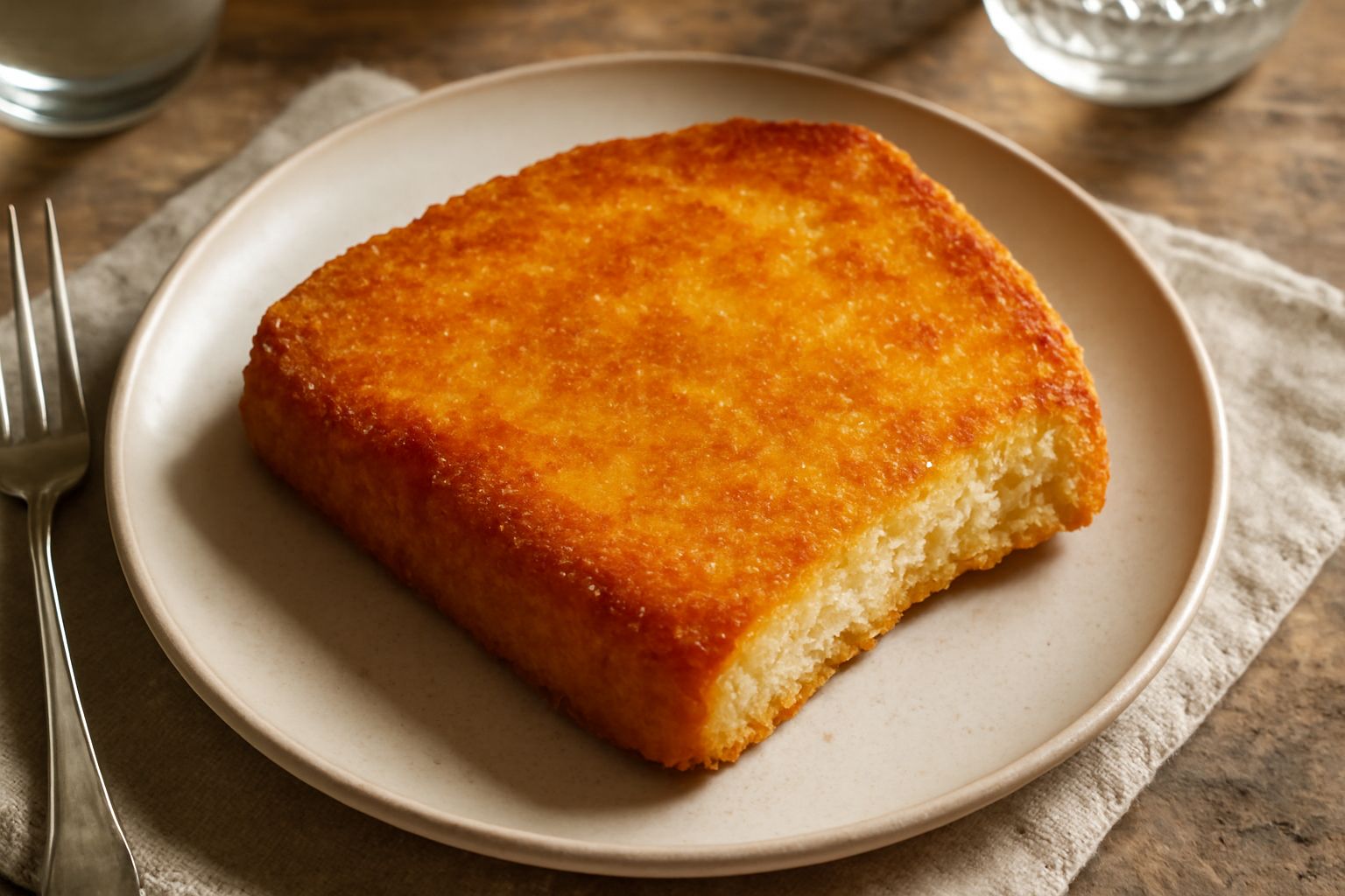 Fette di pane impanato dorate e croccanti appoggiate su un piatto bianco, con una superficie lucida e uniforme, contorno di prezzemolo fresco verde