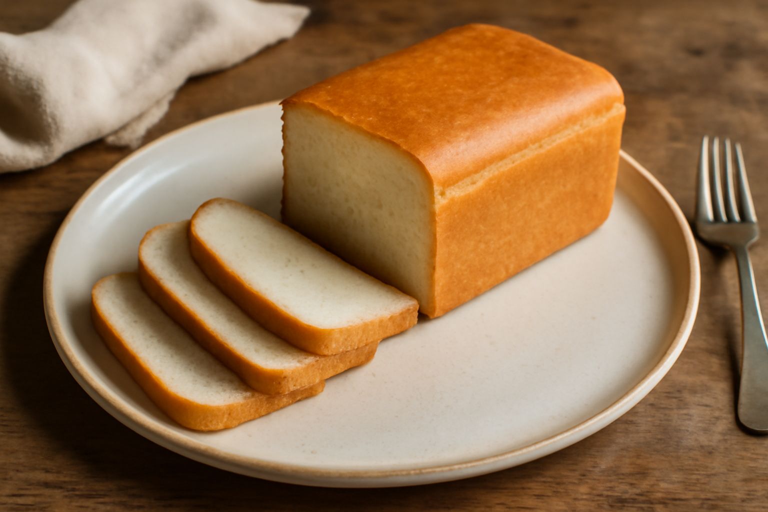 Pane in cassetta piemontese intero e affettato su tavola di legno, crosta dorata e sottile, interno bianco e poroso, farina sparsa attorno