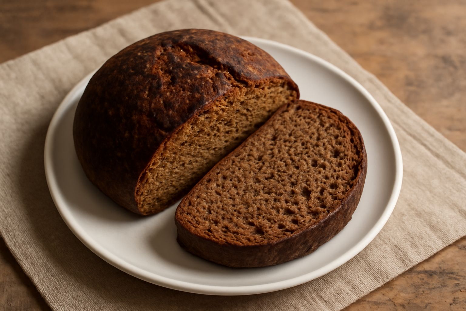 Pane integrale aquilano tagliato a metà su tavolo di legno scuro, crosta marrone scuro croccante, miga densa color nocciola con porosità irregolare, fette affiancate