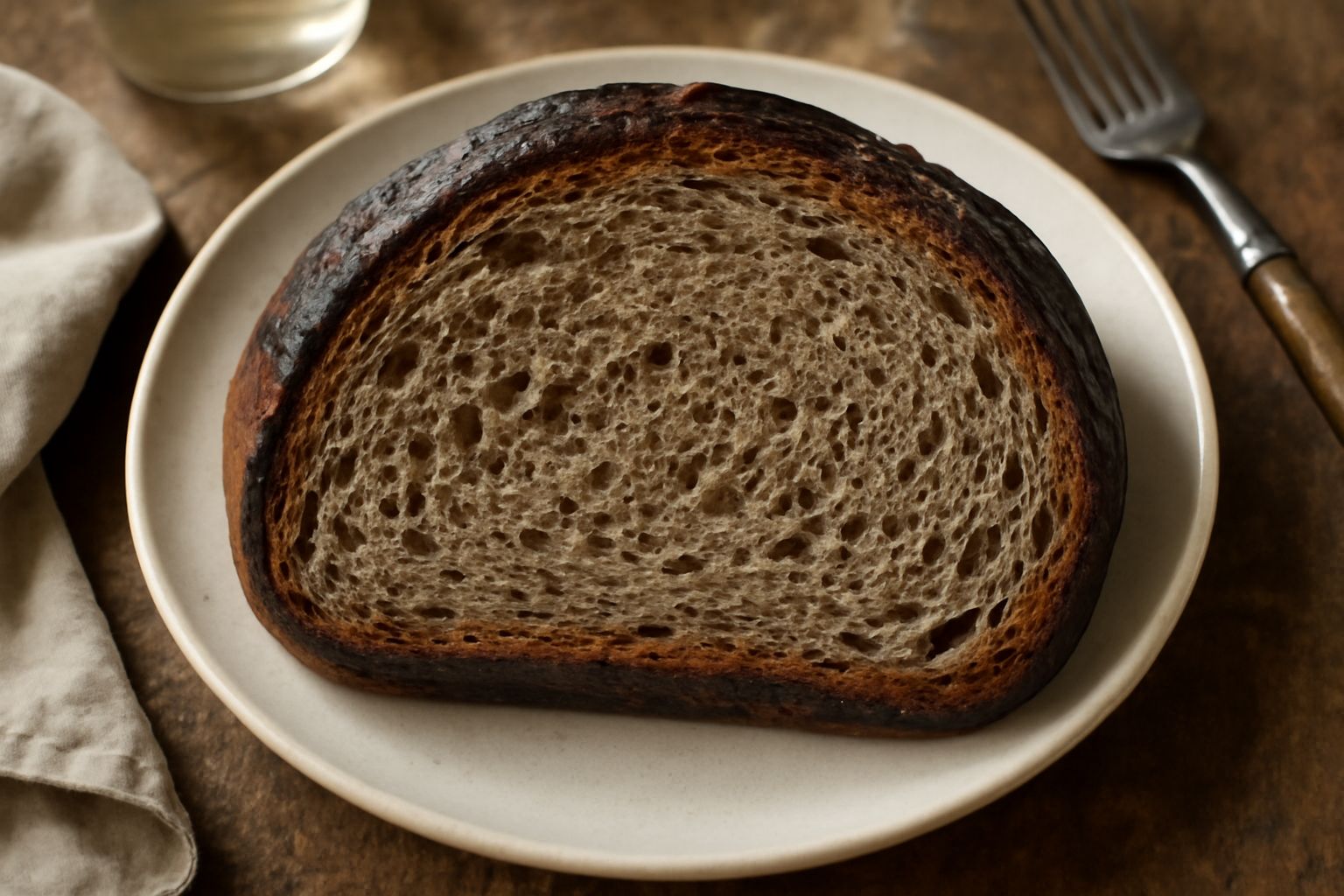 Pane integrale bresciano intero e affettato su tavolo di legno, crosta marrone scuro e mollica densa di colore grigio-marrone con alveoli visibili