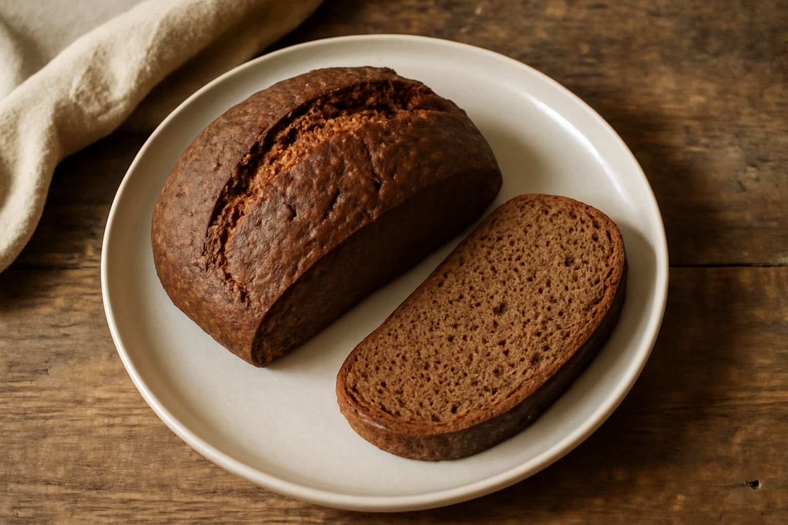 Pane integrale calabrese tagliato a fette, miga scura e densa con alveoli uniformi, crosta marrone scuro e rugosa, posato su un fondo di legno chiaro accanto a una manciata di chicchi di grano integra