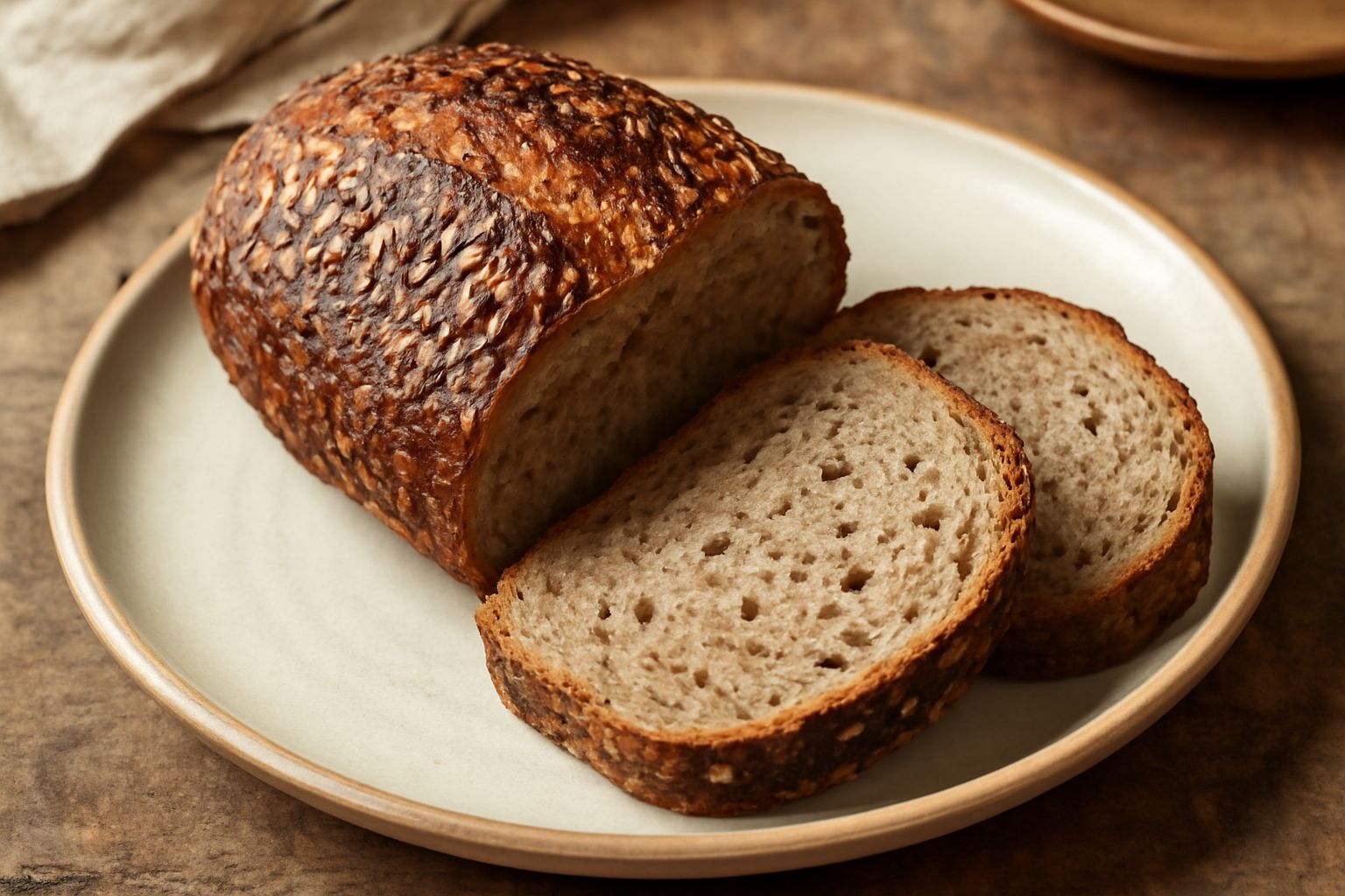 Pane integrale scuro a fette, con crosta croccante brunita, semi di girasole e lino visibili sulla superficie e sulla mollica, appoggiato su tavolo in legno con un coltello accanto