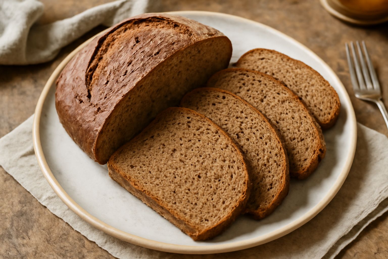 Pane integrale scuro a fette, con crosta dorata e profonda, interno dal colore marrone chiaro e morbido, posato su tavolo di legno con chicchi di grano sparse intorno