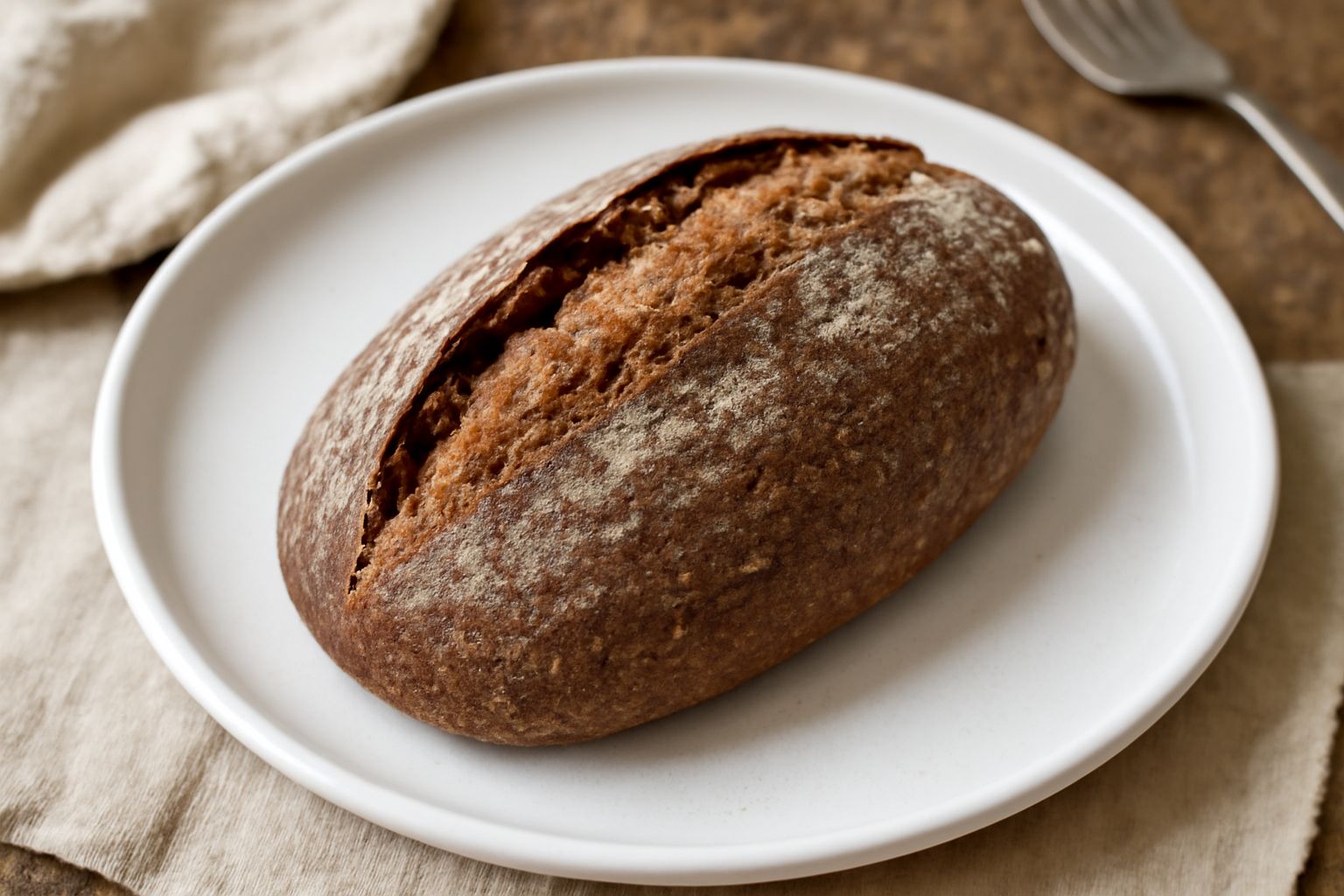 Pane integrale dalla forma ovale, crosta marrone scuro e irregolare, affettato e posato su una tavola di legno con pezzetti di pane e spighe di grano sullo sfondo