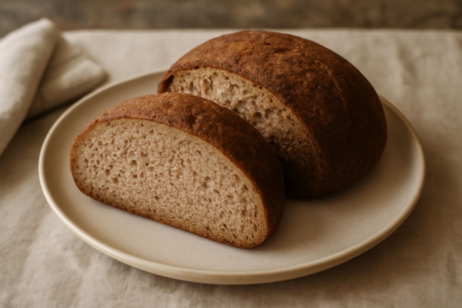 Pagnotta di pane integrale rotonda e compatta con crosta marrone scuro, tagliata a metà per mostrare la mollica beige chiara con alveoli regolari, posta su tavolo in legno con alcune spighe di grano a