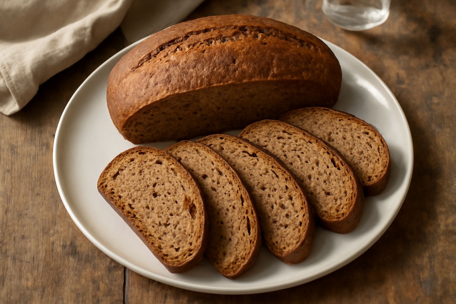 Pane integrale di farro a fette, crosta marrone dorata, interno marrone chiaro con alveoli irregolari, posato su una tavola di legno con grani di farro accanto