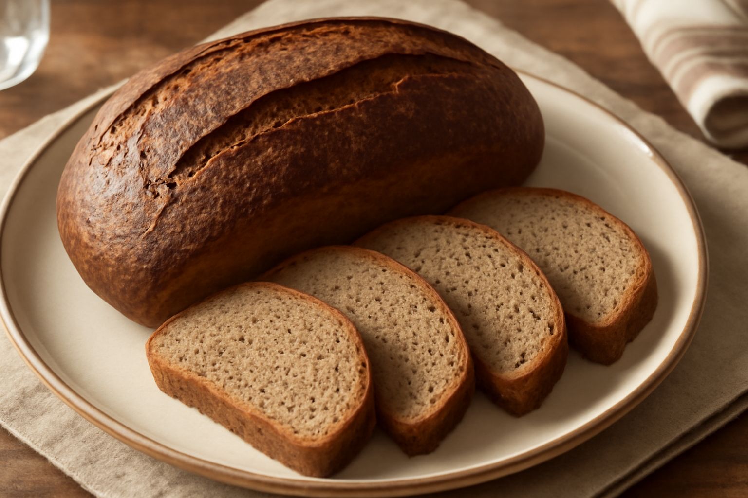Pane integrale di frumento intero con crosta marrone scuro e crepe naturali, affettato con fette che mostrano la mollica beige compatta e uniforme, poggiato su un tavolo di legno con una spiga di gran