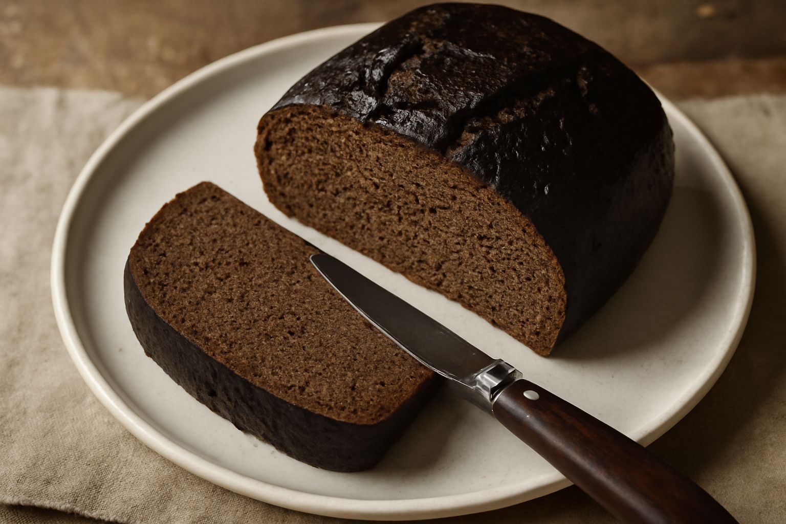 Pane integrale di grano saraceno a fette, di colore marrone scuro quasi nero, dalla crosta croccante e spaccata in superficie, affettato su una tavola di legno con alcuni chicchi di grano saraceno int