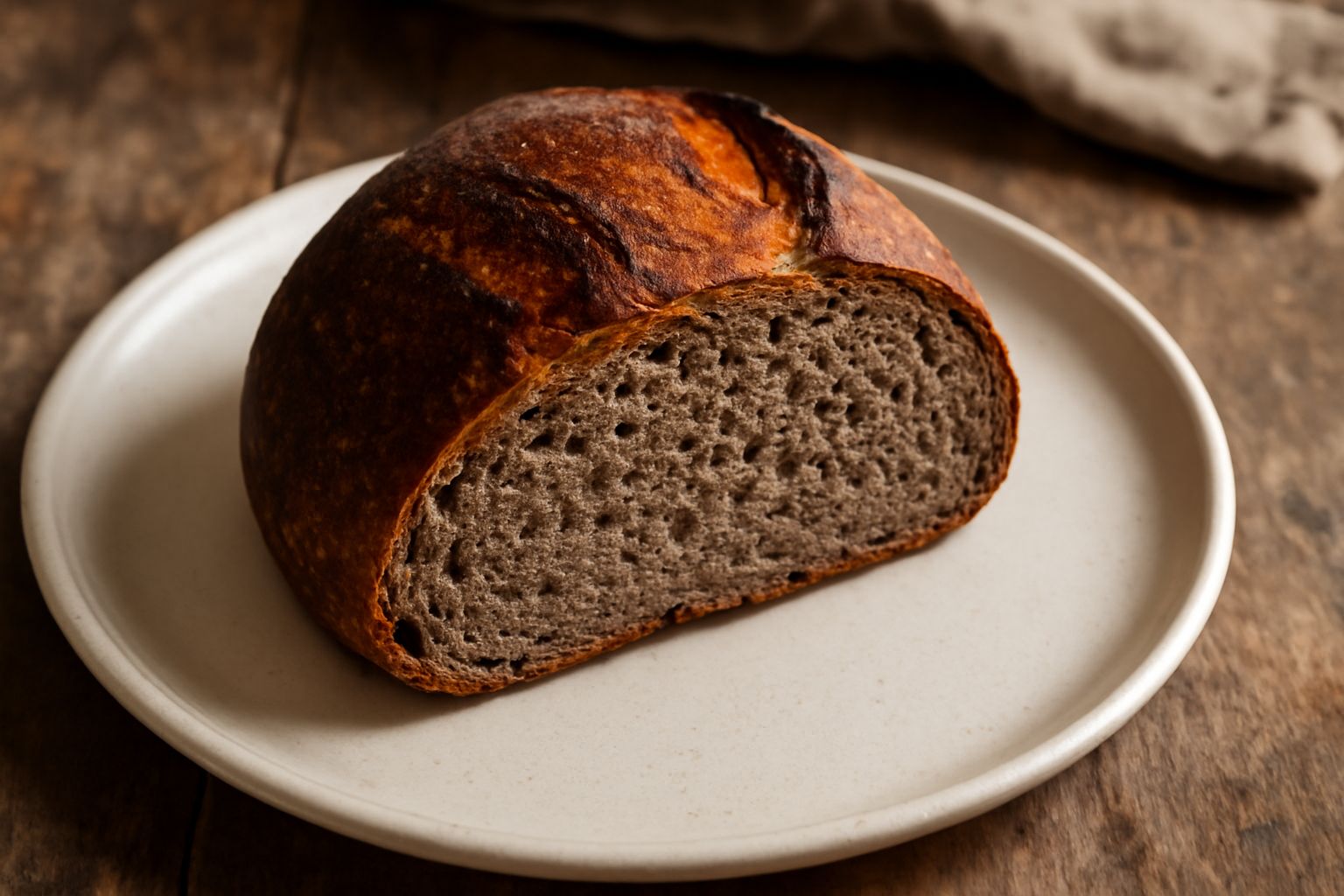 Pane integrale appena sfornato, con crosta dorata e screpolata, affettato per mostrare l'interno morbido e grigio scuro, posato su una tavola di legno con spighe di grano intorno