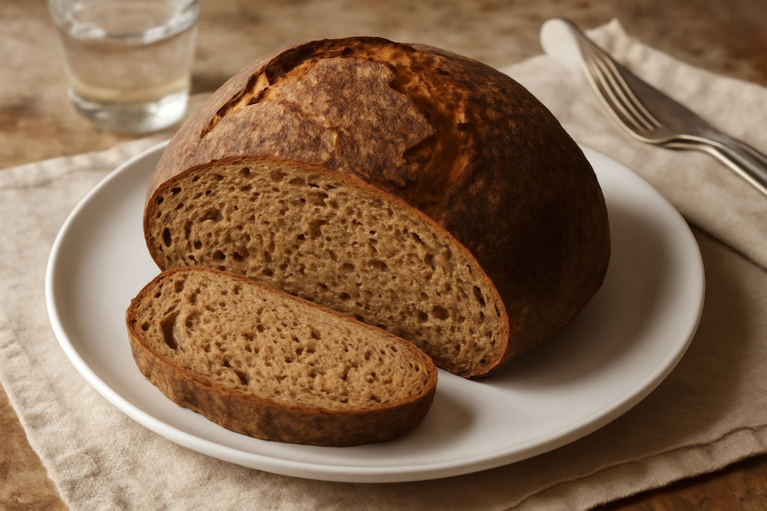 Pane integrale di forma rotonda leggermente appiattita, crosta scura e croccante, tagliato a metà per mostrare la mollica densa di colore marrone chiaro con alveoli irregolari, posato su tavolo di leg