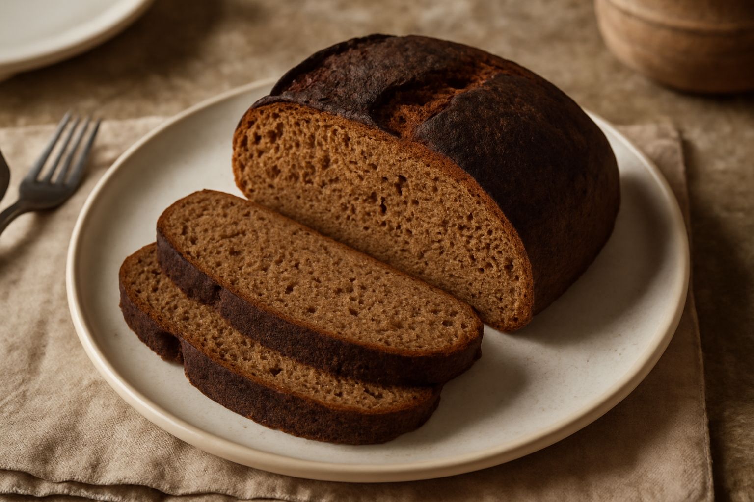Pane integrale scuro e affettato su tavolo di legno, con crosta croccante dorata e mollica compatta marrone, accanto a spiga di grano e farina integrale in ciotola