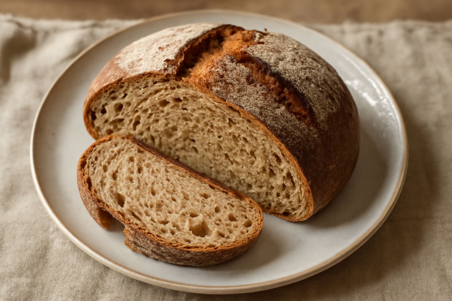 Pagnotta di pane integrale tagliata a metà, crosta marrone scuro e croccante, interno beige con alveoli, posata su tavolo in legno con farina sparsa intorno