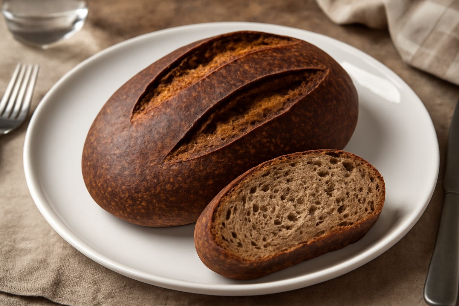 Pane integrale di forma ovale, con crosta scura e incisioni sulla sommità, poggiato su un canovaccio di lino bianco. L'interno, visibile da una fetta, mostra la mollica marrone chiaro, uniforme e soff
