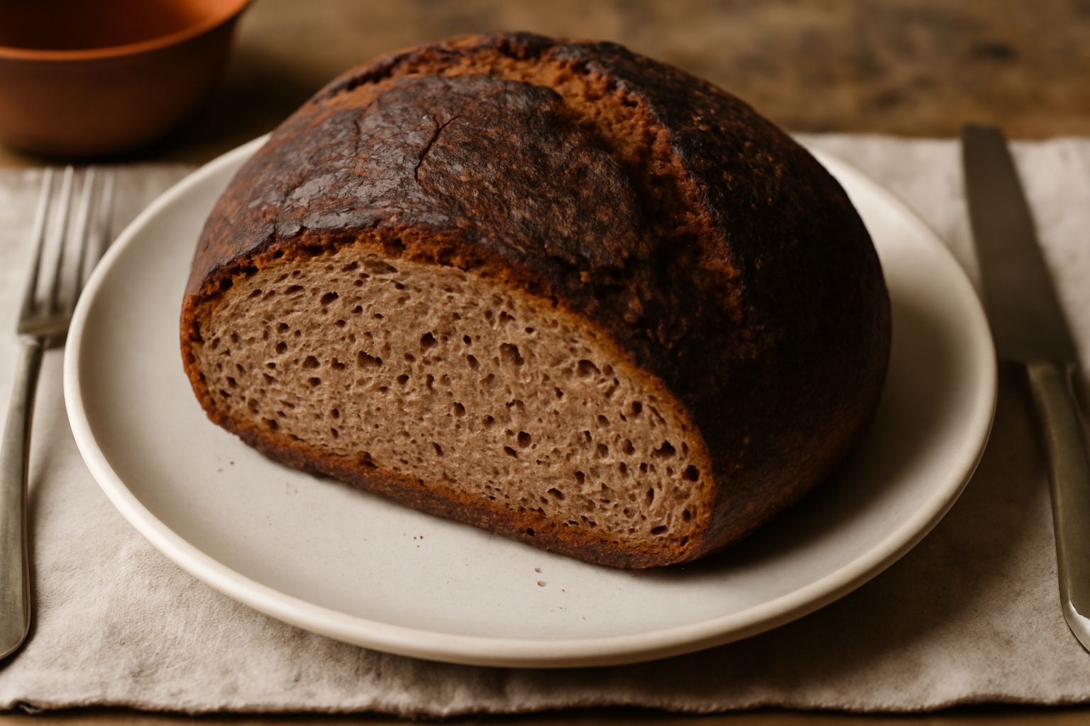Pane integrale scuro con crosta ruvida e screpolature, tagliato a fette su una tavola di legno, miolo compatto e marrone chiaro con piccole bolle d'aria visibili