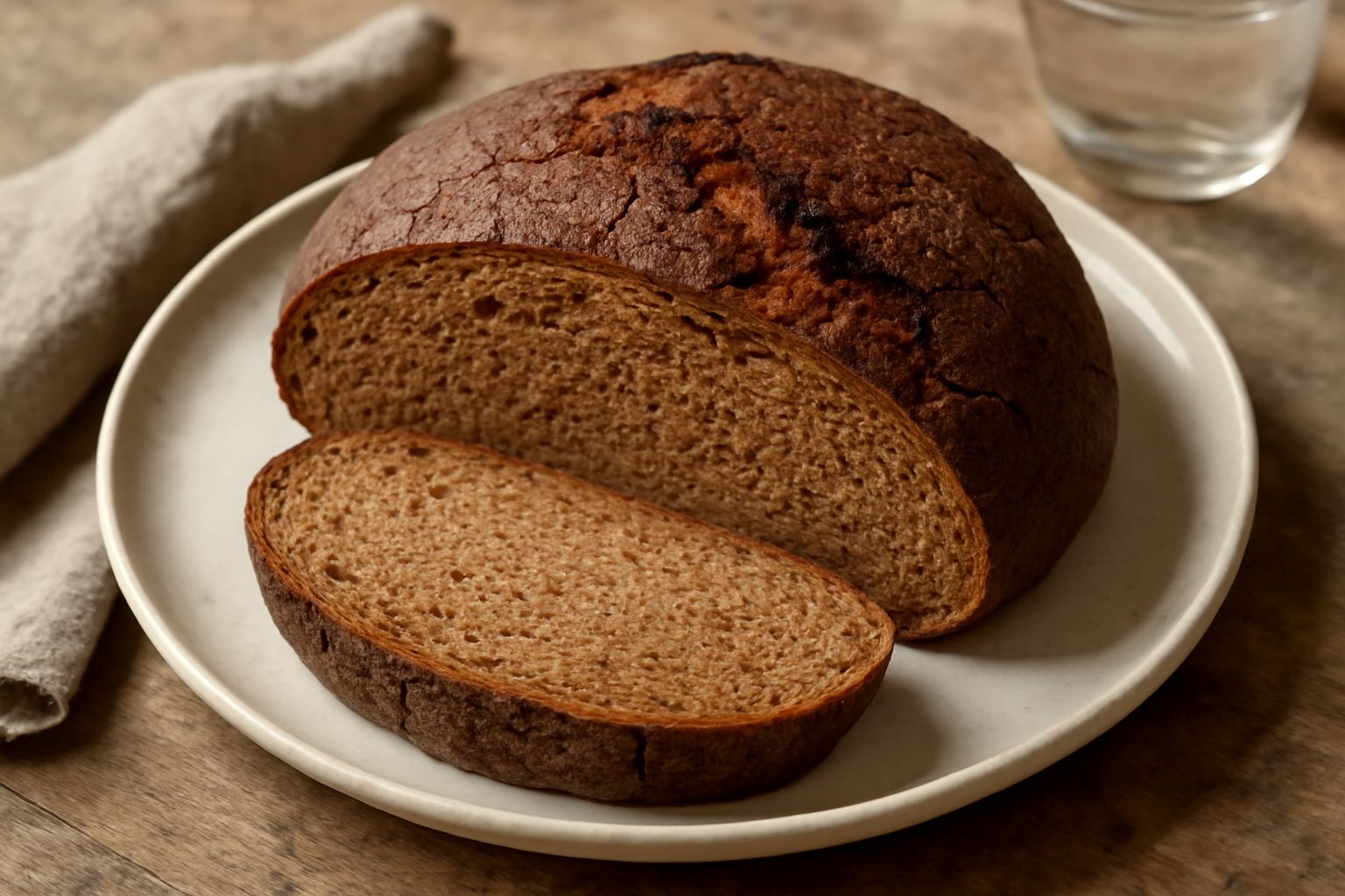 Pane integrale rotondo dal colore marrone scuro, con crosta ruvida e screpolature naturali, tagliato a metà per mostrare l'interno compatto color nocciola, posato su tela di lino bianca