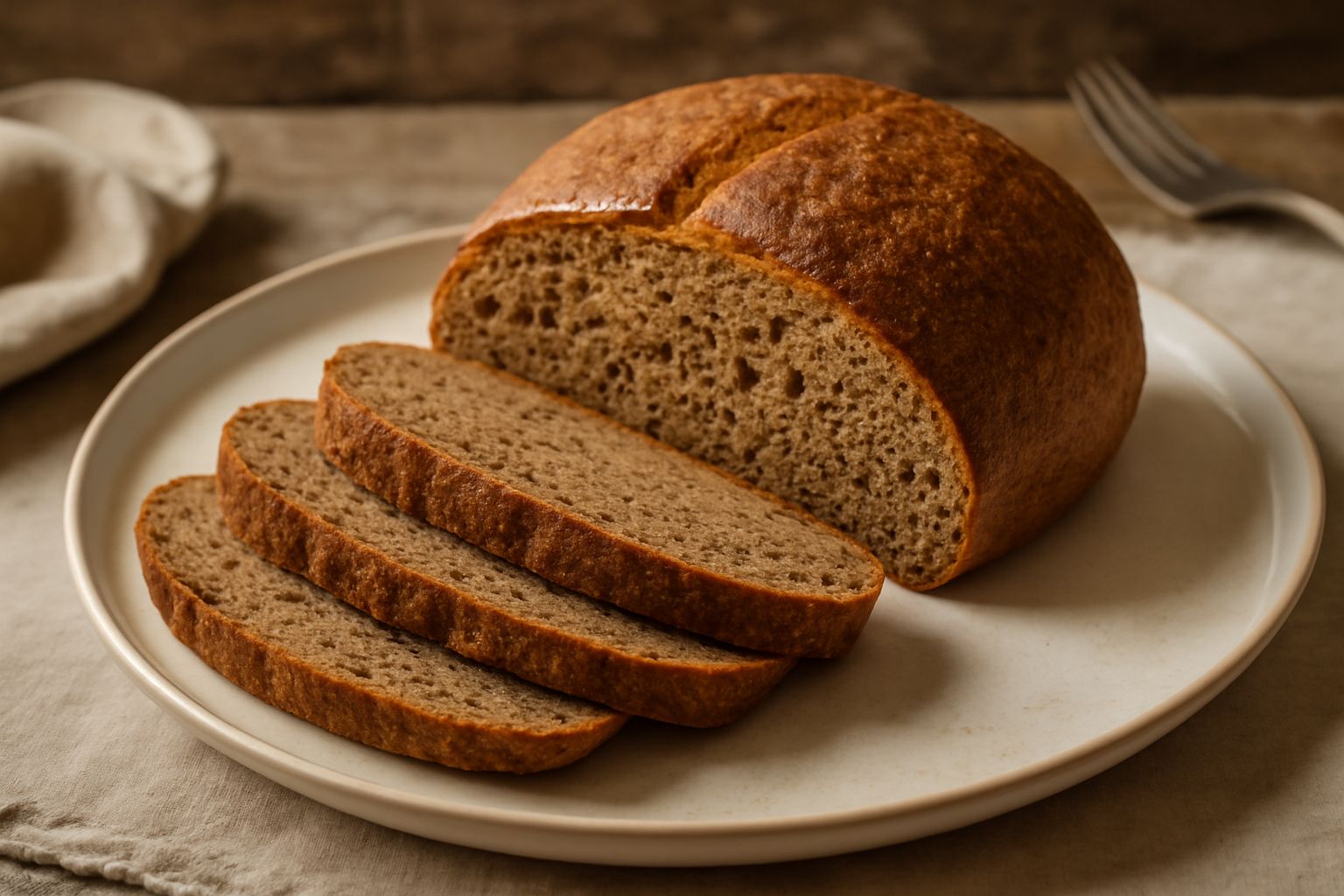 Pane integrale di Santarcangelo intero e affettato su tavola di legno, mollica scura e soffice, crosta dorata e croccante, fette disposte in cerchio