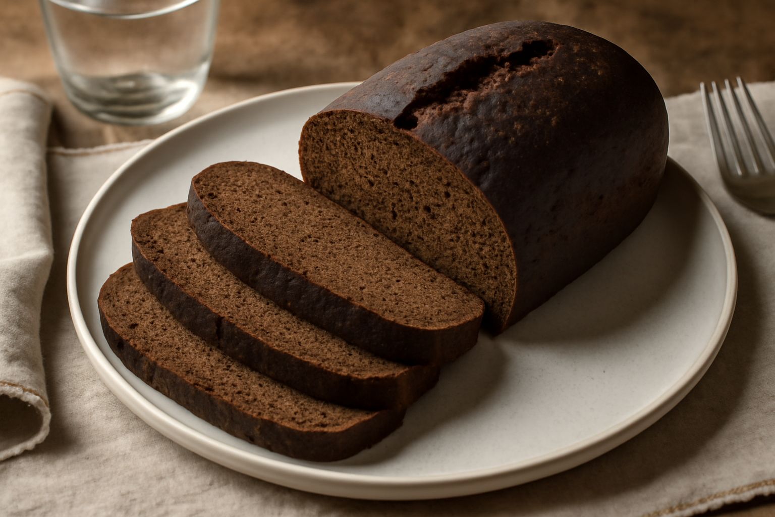 Pane integrale di segale a fette, di colore marrone scuro quasi nero, con mollica fitta e compatta, appoggiato su una tavola di legno accanto a spighe di segale.
