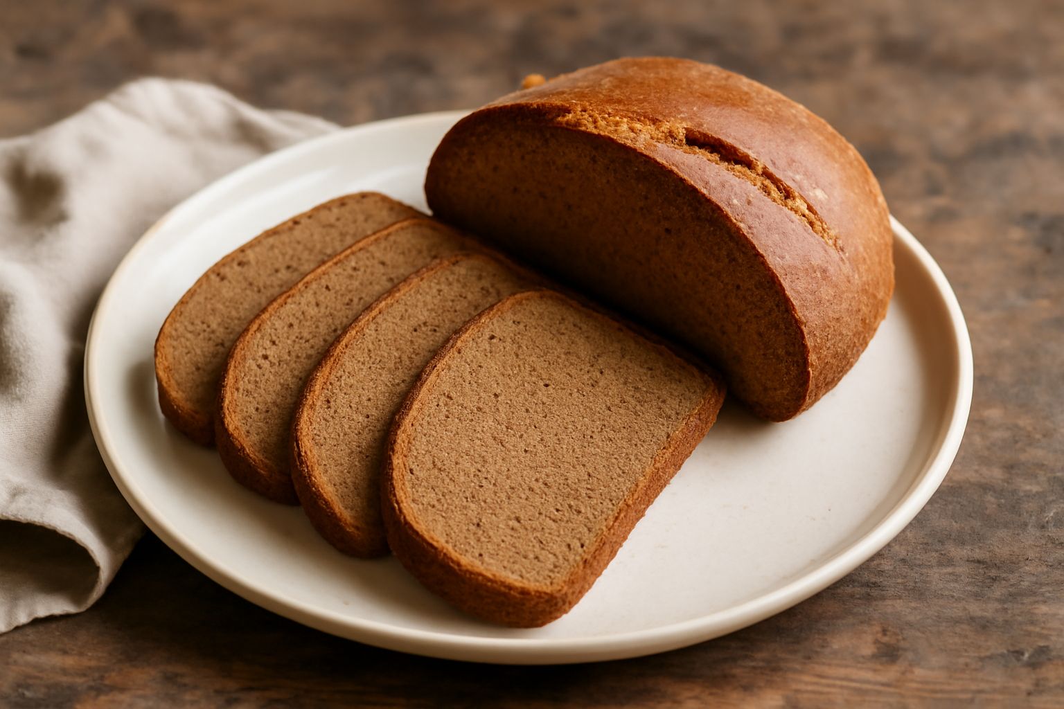 Pane integrale di semola affettato su un tagliere di legno, con crosta marrone dorata e screpolata, mollica compatta color nocciola, accompagnato da spighe di grano