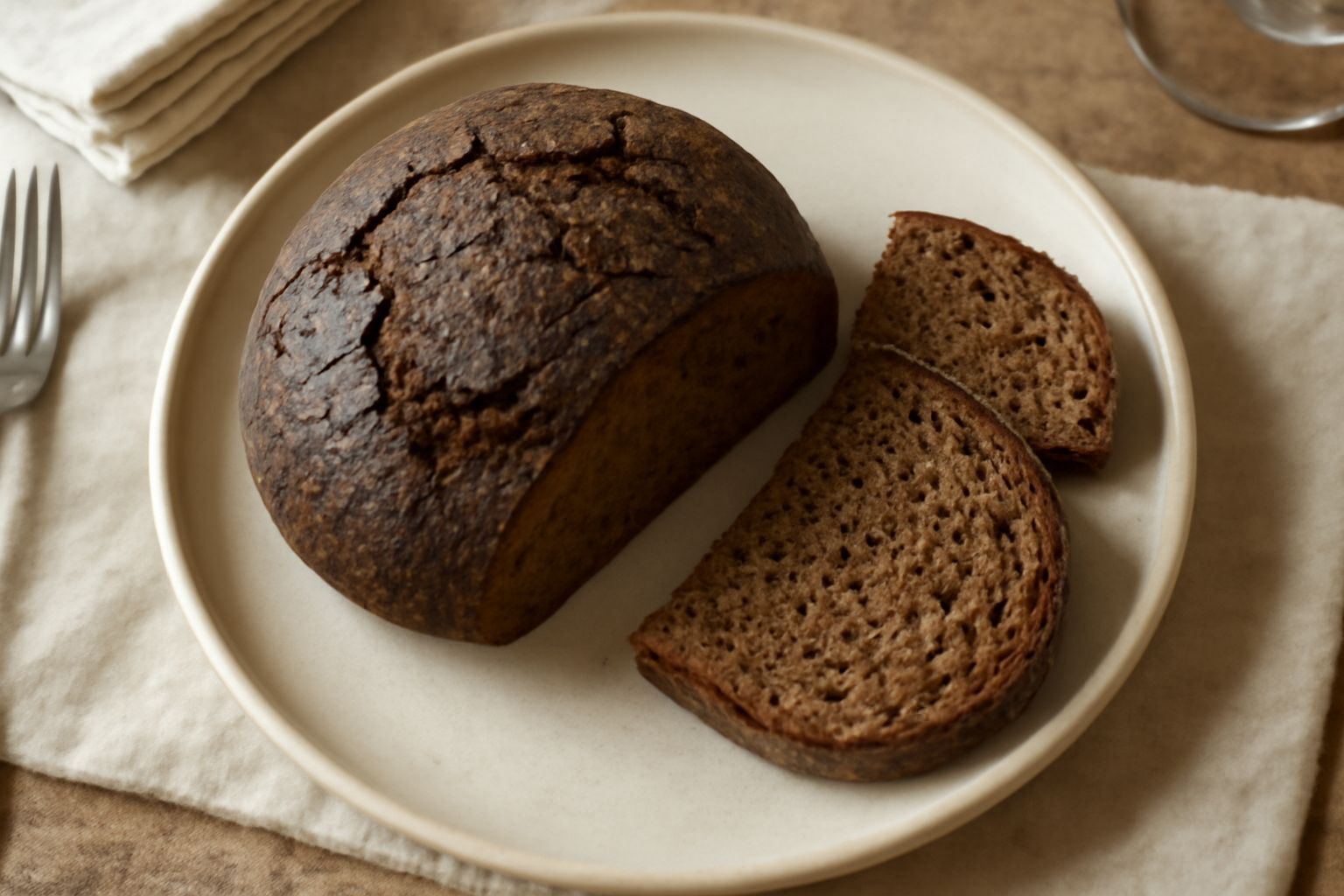 Pane integrale con crosta scura e screpolata, sezione interna che mostra una mollica compatta di colore bruno scuro, poggiato su una tavola di legno con chicchi di grano integrale sparsi accanto
