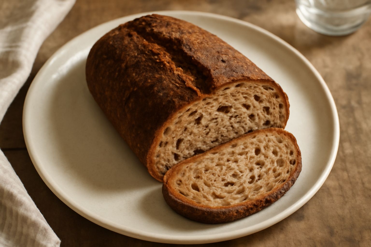 Pane integrale toscano tagliato a fette su un tavolo di legno, con crosta dorata e scura, alveolatura regolare interna, miglierina spolverata con farina di grano integrale