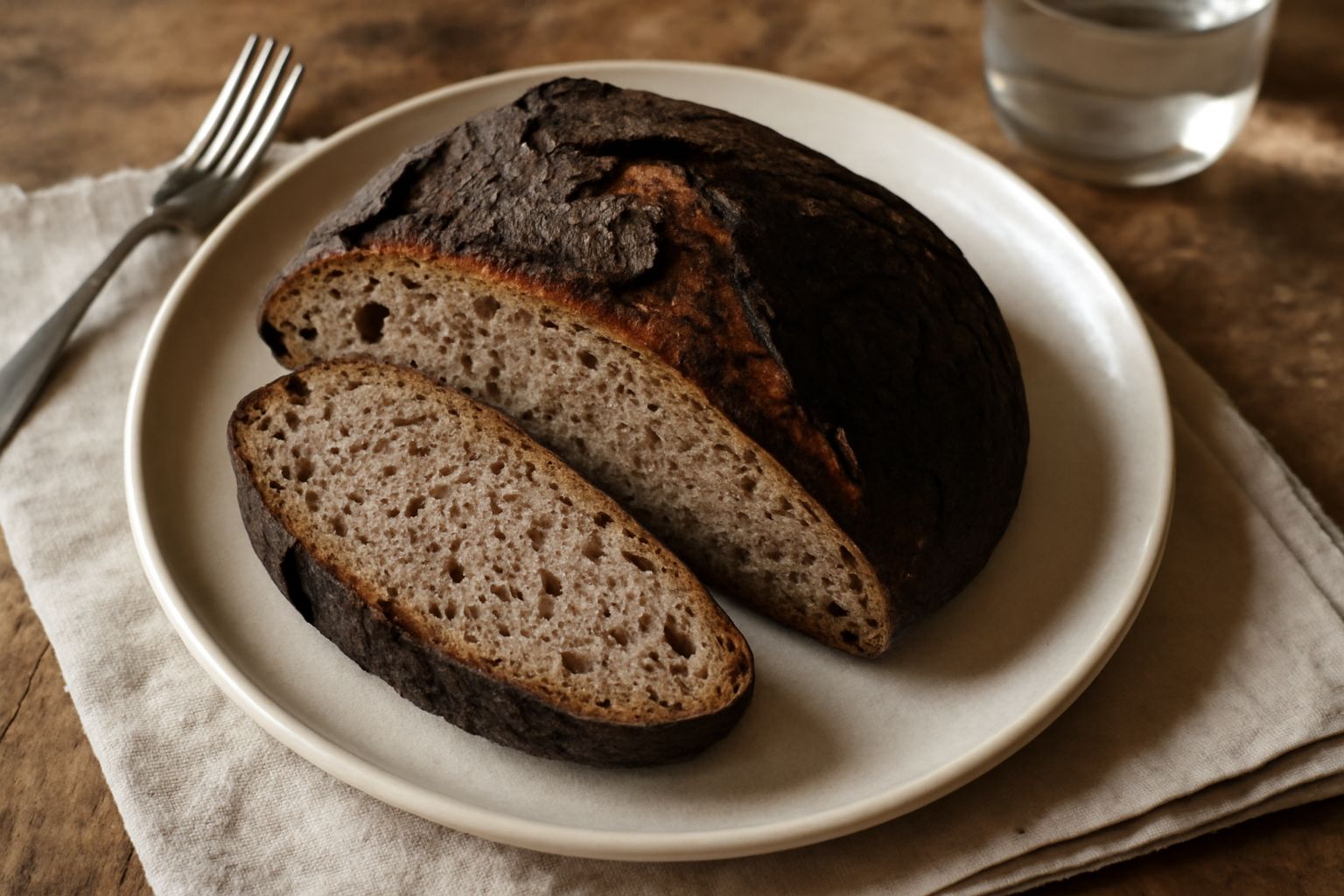 Pane integrale trentino a fette su un ceppo di legno, crosta marrone scura e rugosa, interno grigio chiaro con alveoli irregolari, accanto una ciotola di farina integrale e un tovagliolo di lino grigi