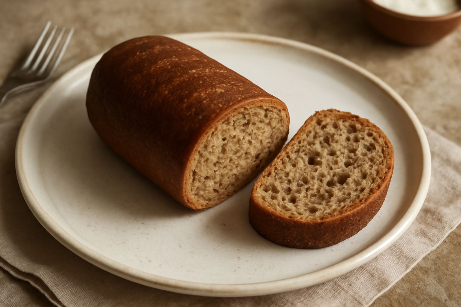 Pane integrale tondo con crosta marrone scuro e uniforme, spezzato a metà mostrando l'interno marrone chiaro con alveoli irregolari, su un canovaccio di lino bianco, con chicchi di grano sparsi attorn