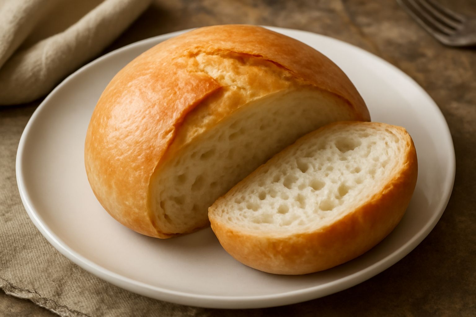 Pane tondo e dorato, appena sfornato, con superficie leggermente craquelée, posato su tavolo di legno. La miga visibile nel taglio è bianca, soffice e alveolata. Accanto una manata di grano.