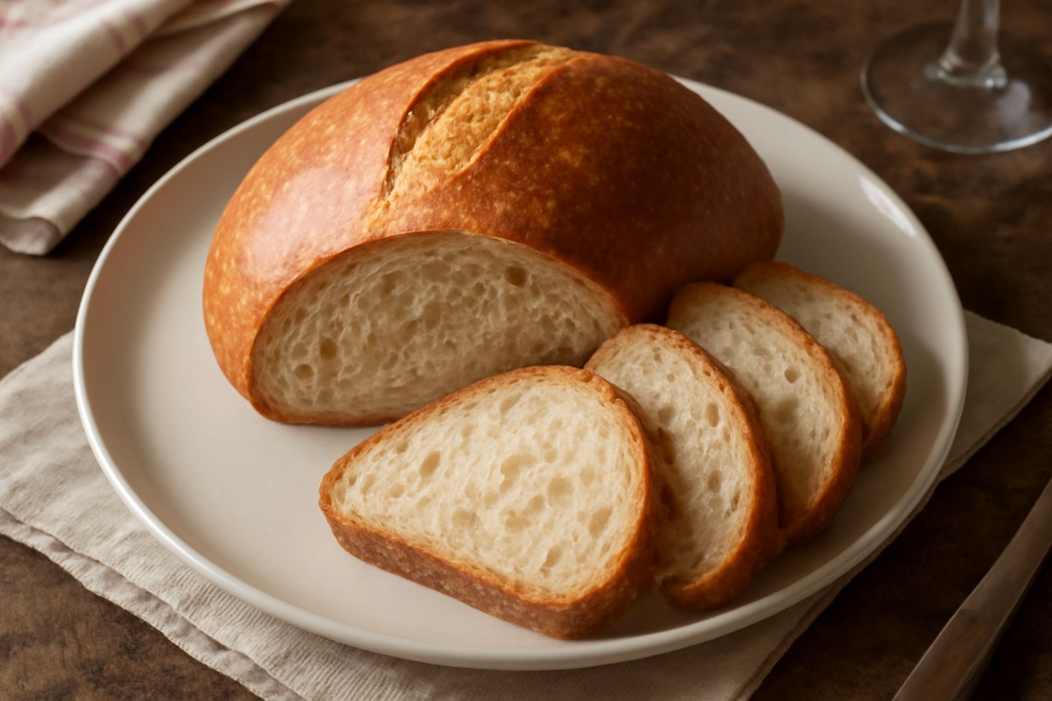 Pane misto affettato su tagliere di legno, crosta dorata e croccante, mollica beige con alveoli uniformi, a fianco un coltello da pane e spighe di grano