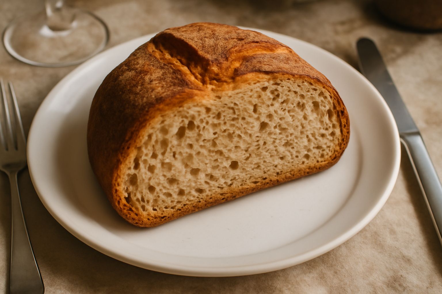 Pane di mulino integrale con crosta dorata scura, tagliato a fette, con mollica irregolare e pori visibili, disposto su tavolo di legno naturale accanto a spighe di grano