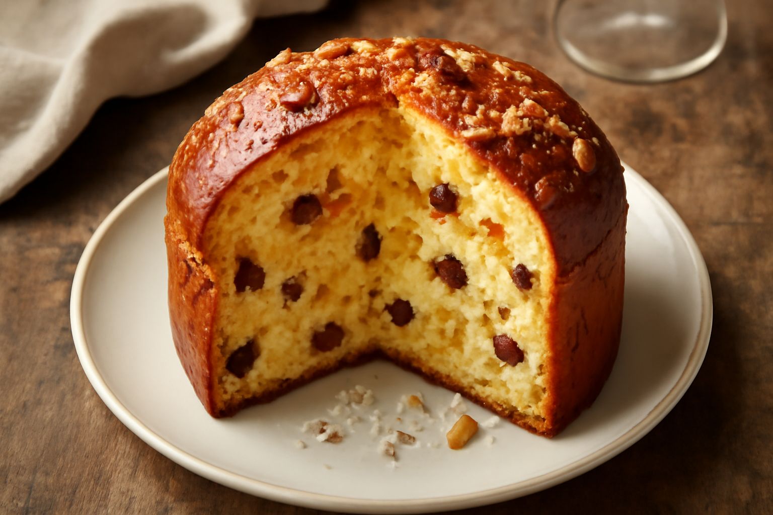 Pane natalizio a fette, di colore dorato scuro con visibili uvetta, pezzi di frutta candita e noci sparse nella miga soffice, adagiato su un piatto bianco con accompagnamento di burro fresco