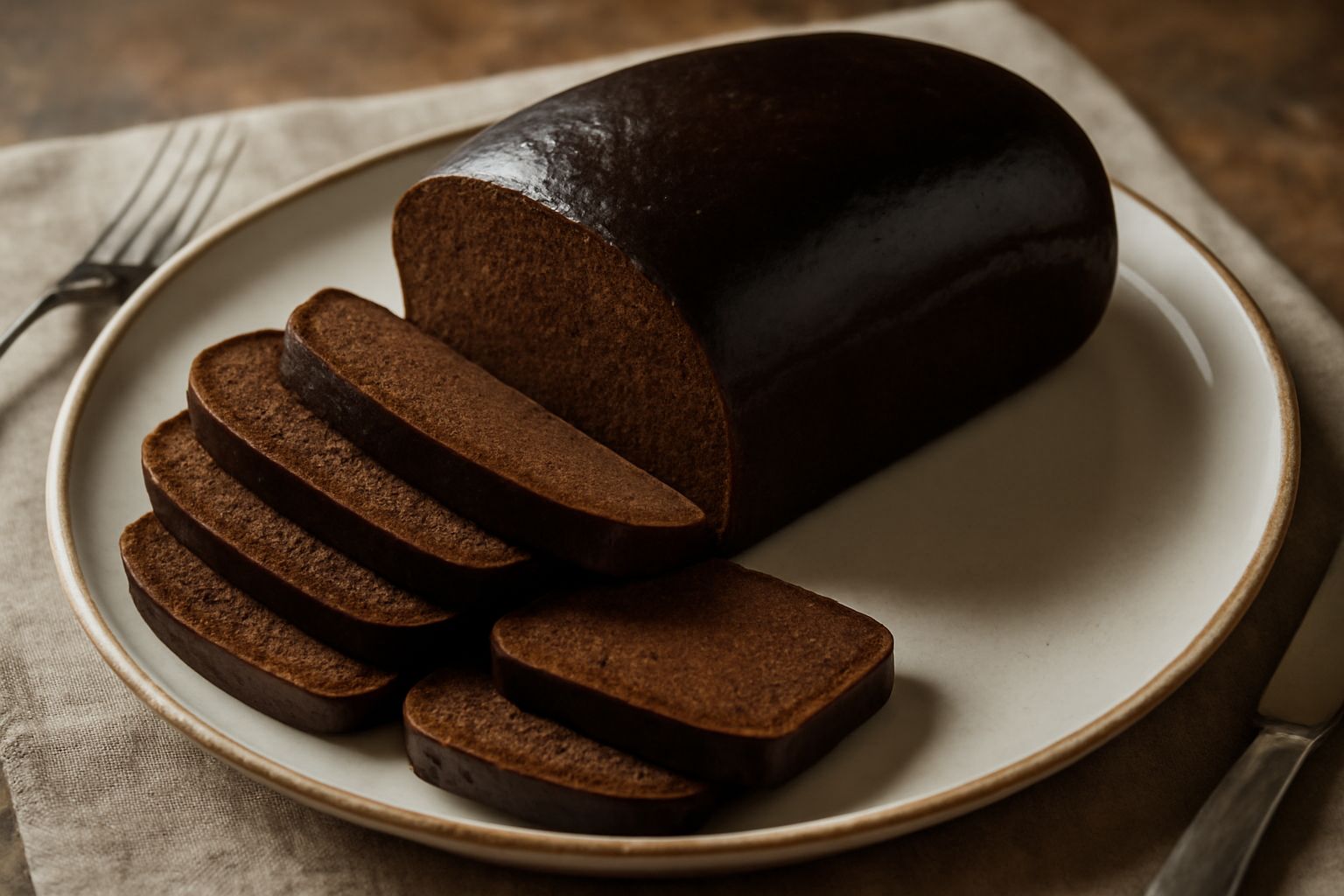 Pane nero a fette su tagliere di legno, crosta scura e lucida, interno bruno scuro e compatto, briciole visibili, accanto chicchi di segale