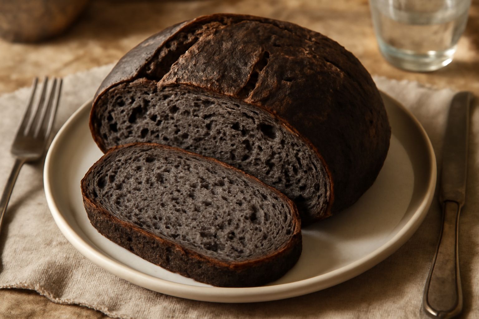 Pane nero amalfitano intero e affettato su tavolo di legno, crosta marrone scura rugosa, interno grigio scuro poroso e ben lievitato, fette disposte a ventaglio