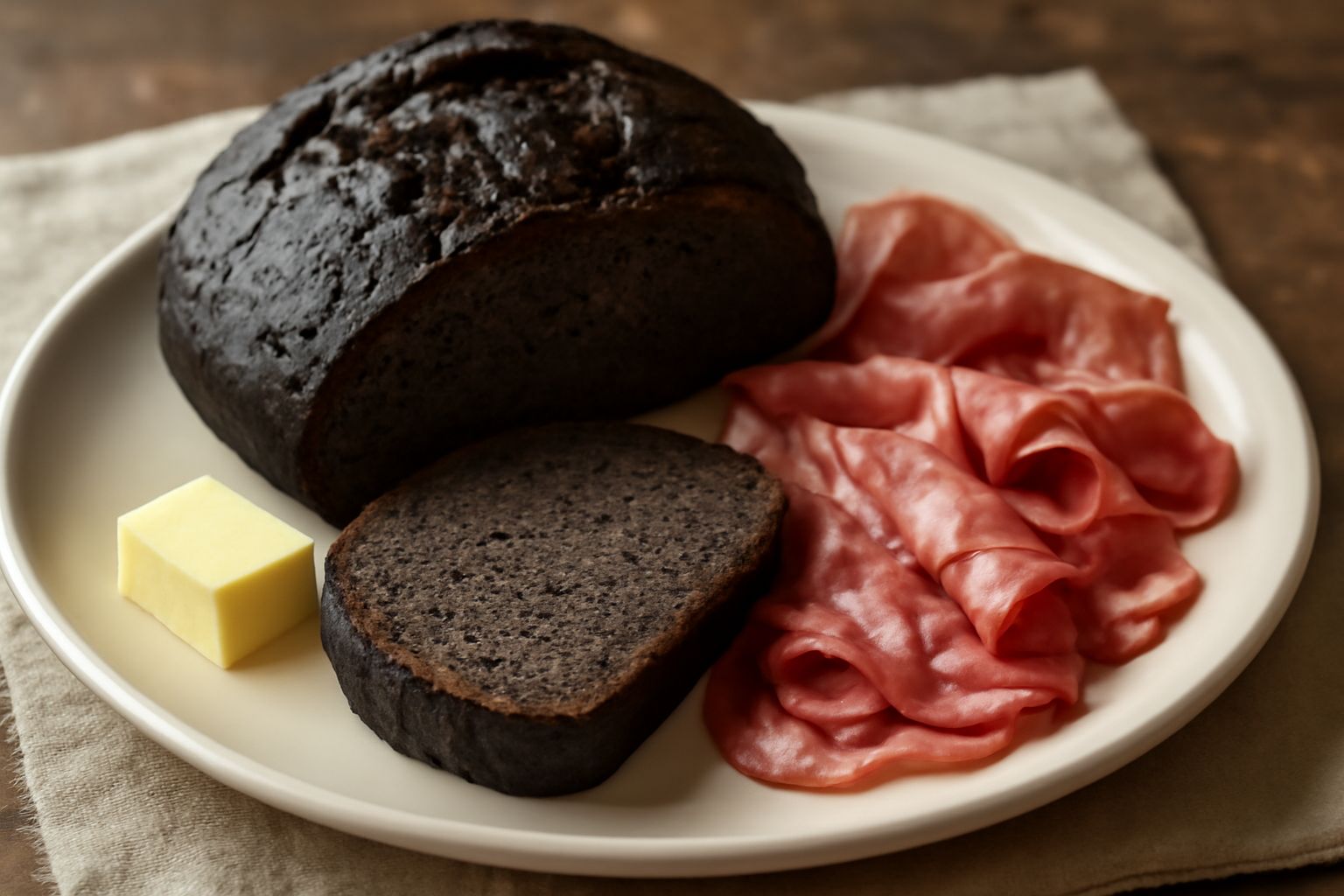 Pane nero aquilano intero e affettato su tagliere di legno: crosta marrone scurissima e miglio interno compatto grigio scuro, con fettaÈ tostata e burro accanto