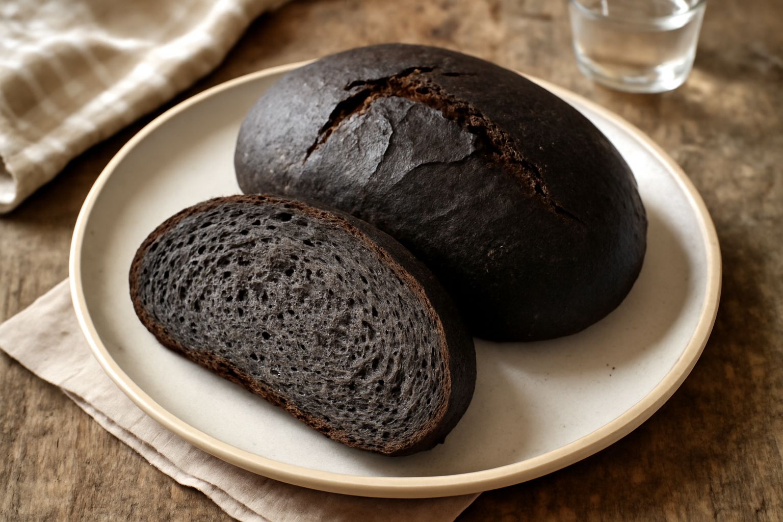 Pane nero bresciano affettato su una tavola di legno, crosta scura e rugosa, mollica densa color grigio scuro, fette ordinate, fondo con chicchi di segale