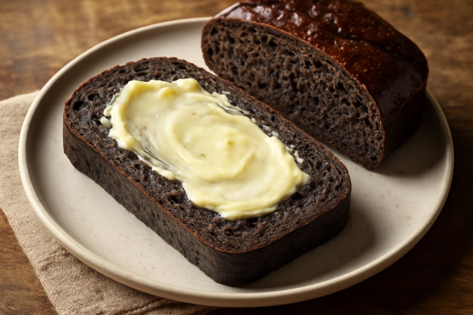 Fette di pane nero scuro con crosta croccante, servite su un piatto bianco con riccioli di burro giallo pallido, tonalità di marrone e grigio antracite