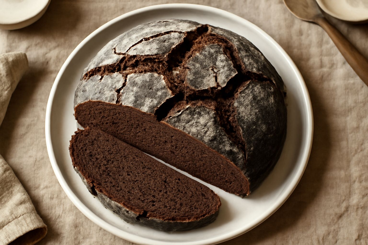 Pane scuro quasi nero con crosta spessa e screpolata, tagliato a fette, con mollica compatta color marrone scuro, servito su tavolo di legno con spighe di segale accanto